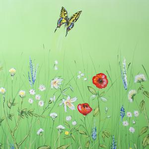 Malen, Wandmalerei, Wandfüllend mit Farbe das Bild einer Sommerwiese